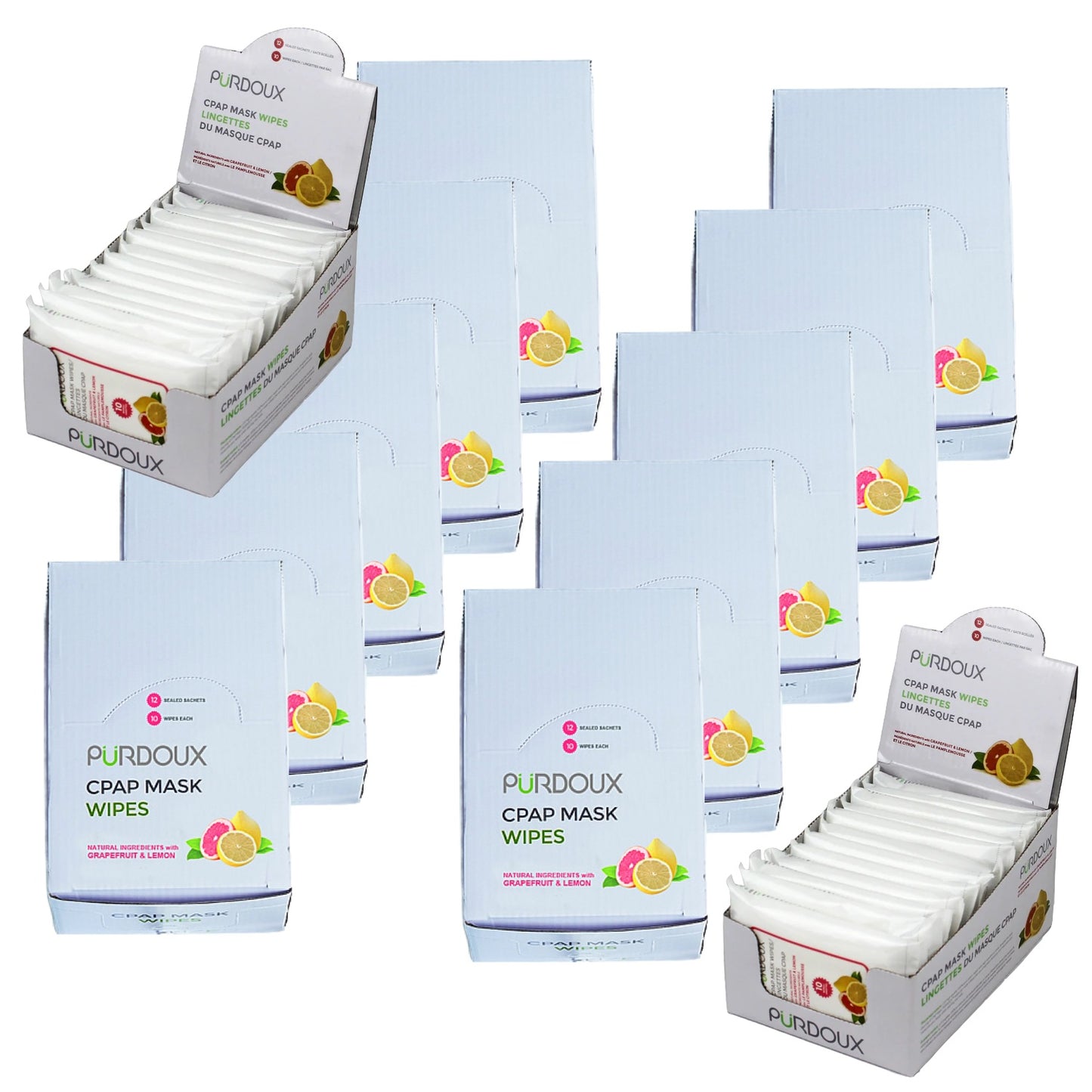 PURDOUX CPAP Grapefruit and Lemon Scented Wipes Travel Box - case of 12