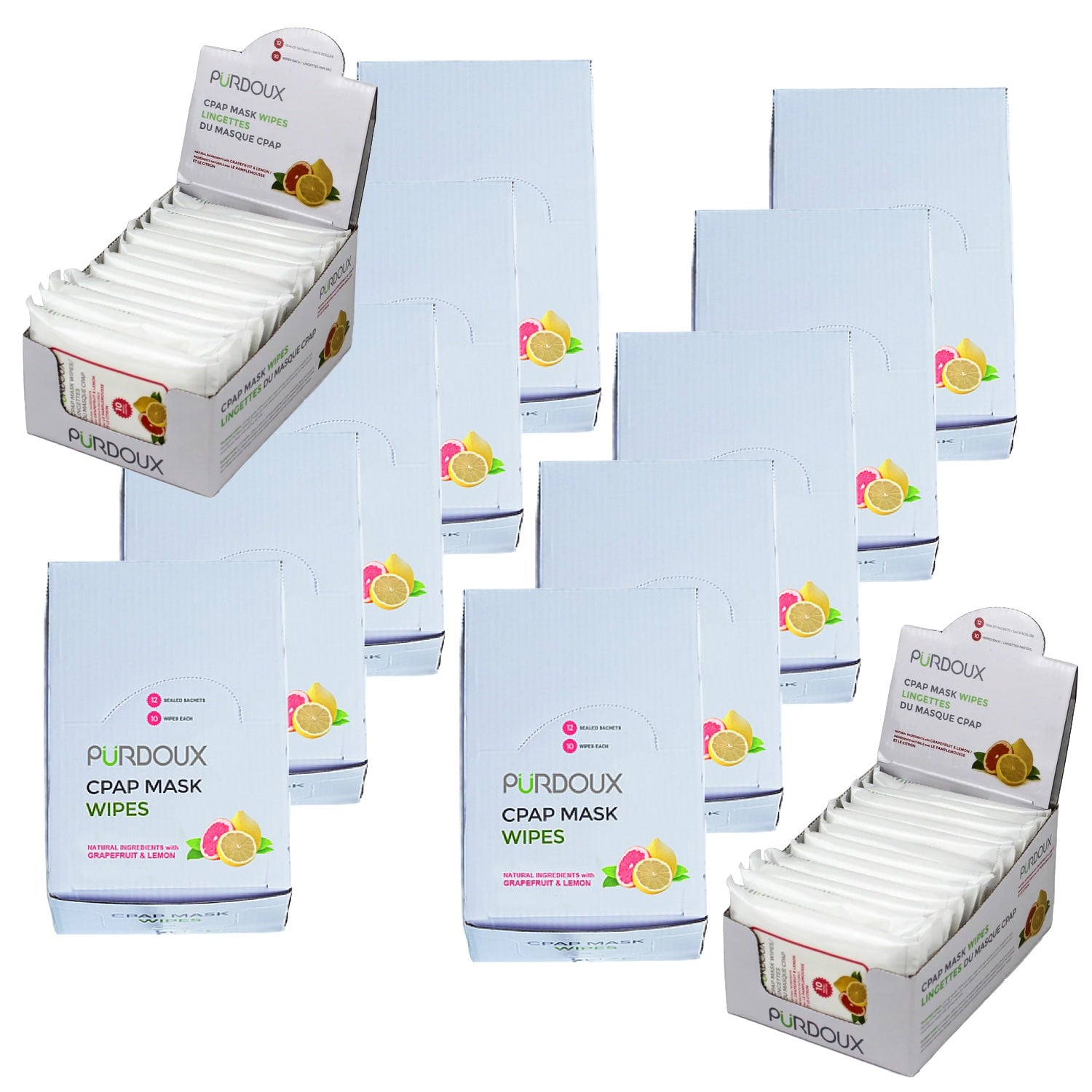 PURDOUX CPAP Grapefruit and Lemon Scented Wipes Travel Box - case of 12