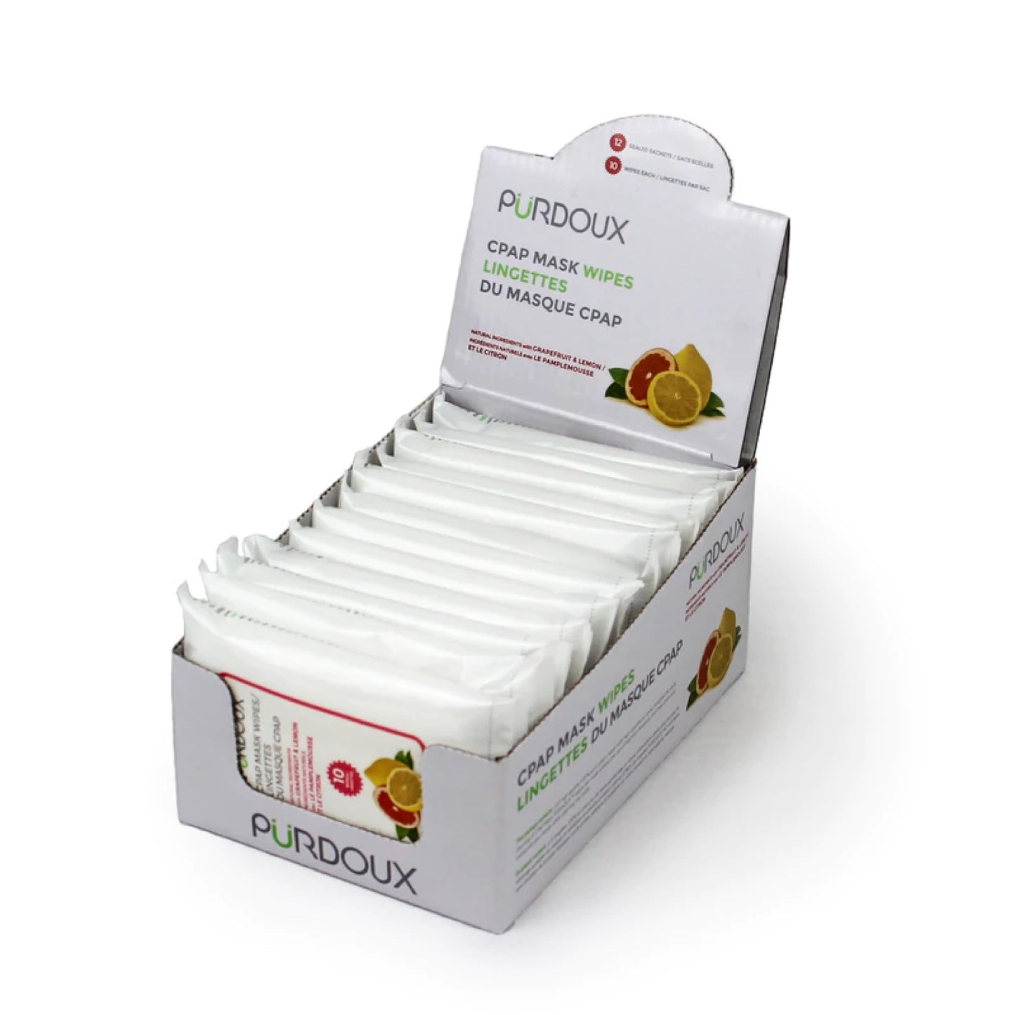 PURDOUX CPAP Grapefruit and Lemon Scented Wipes Travel Box - open box